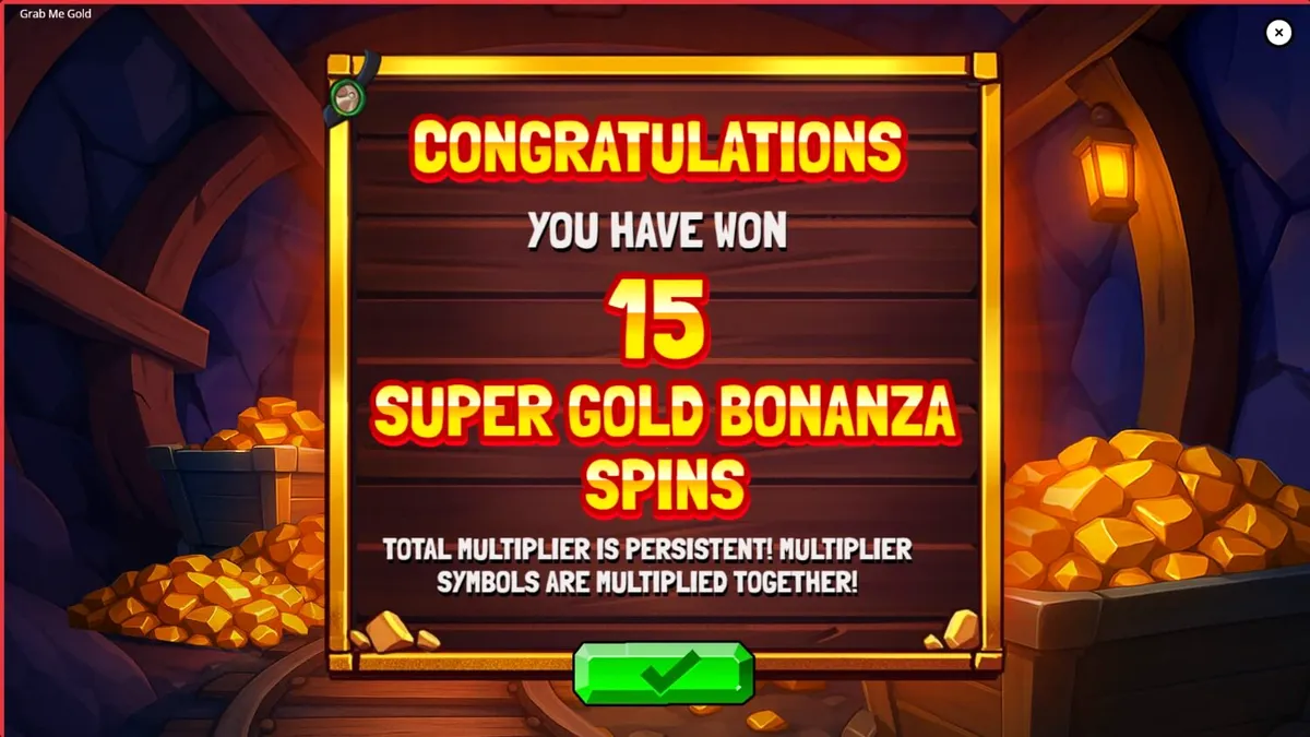 Grab Me Gold slot machine interface na may temang pagmimina